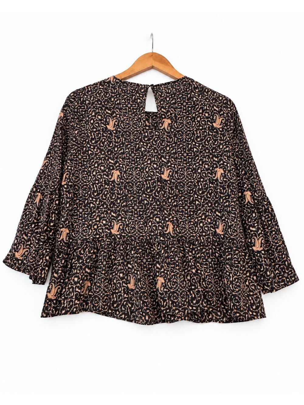 Madewell 100% Silk Fiesta Paisley Bell Sleeve Peplum Top Black Women’s Size L - Picture 5 of 5